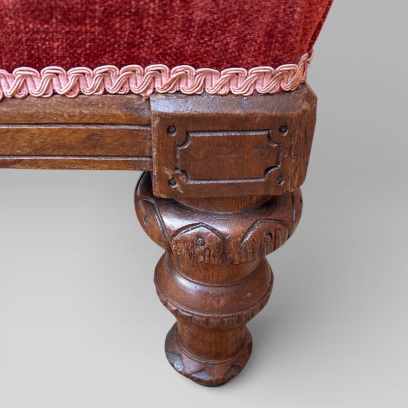 Antique Victorian Pair Of Ladies And Gentlemen’s Red Gothic Revival Oak Chairs - Image 6